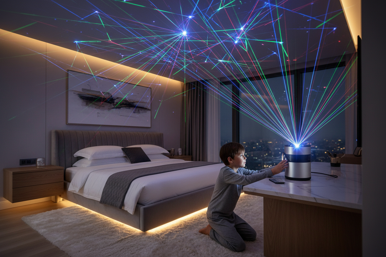 a kid setting up a laser light at his home and the room looks very premimum and the light is reflecting on roof