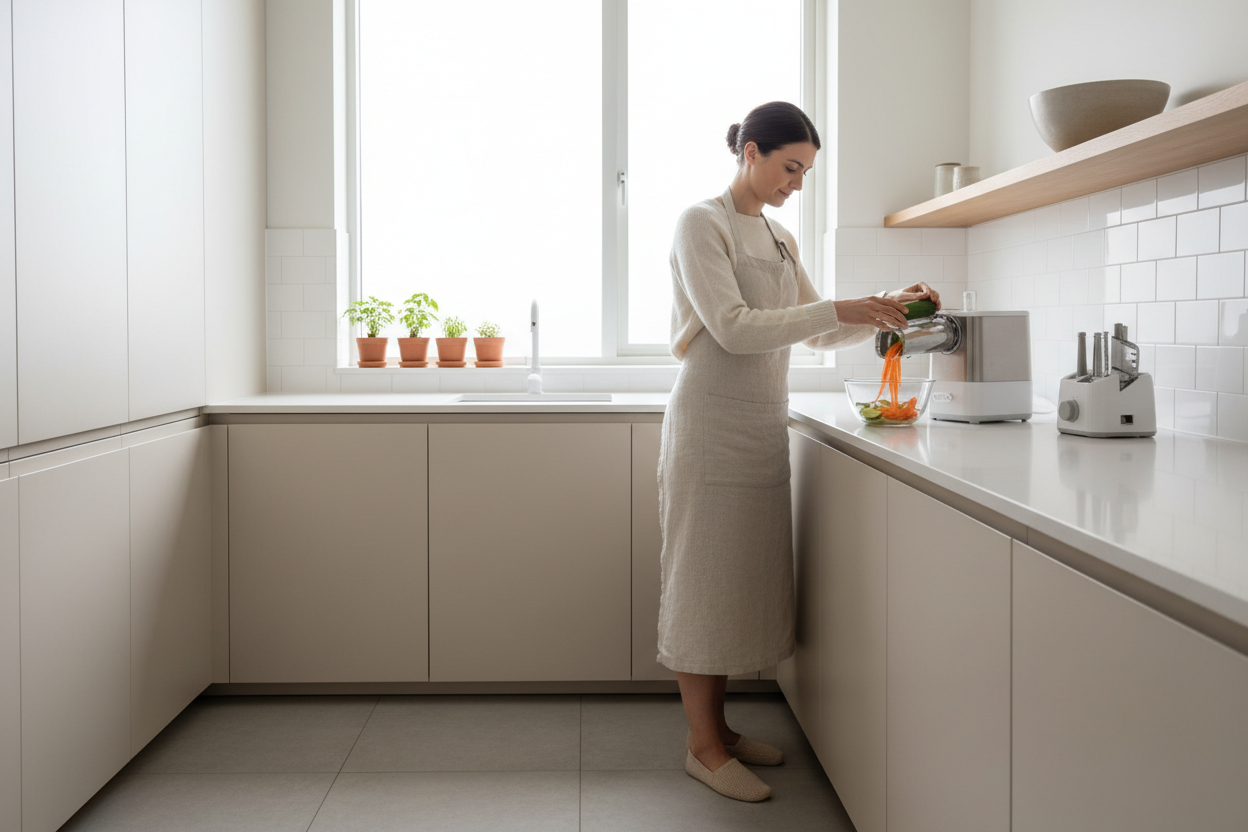 a women cutting the vegetable with the 4in 1 cutter vegetables machine in the kitchen the kitchen is very minimal and aesthetic